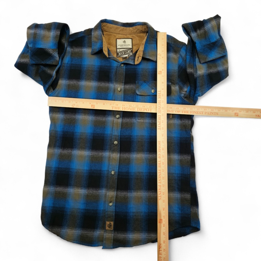 Legendary Whitetails Buck Camp Flannel Shirt Blue Plaid Corduroy Collar M Retro - Picture 9 of 10